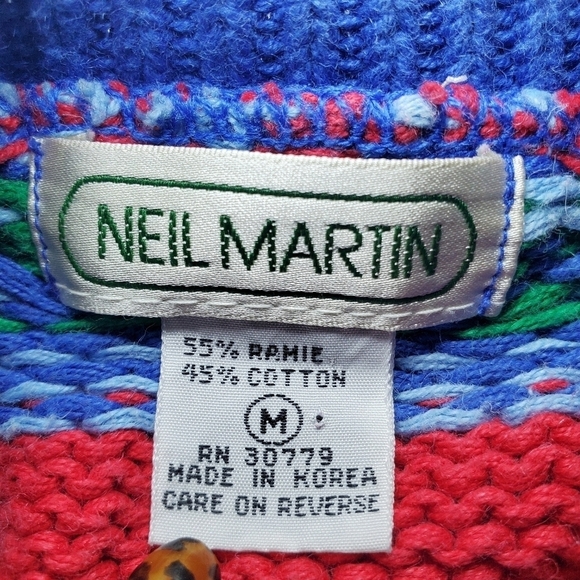 Vintage Neil Martin Mens Sweater Blue Red Medium Holiday - Picture 10 of 11